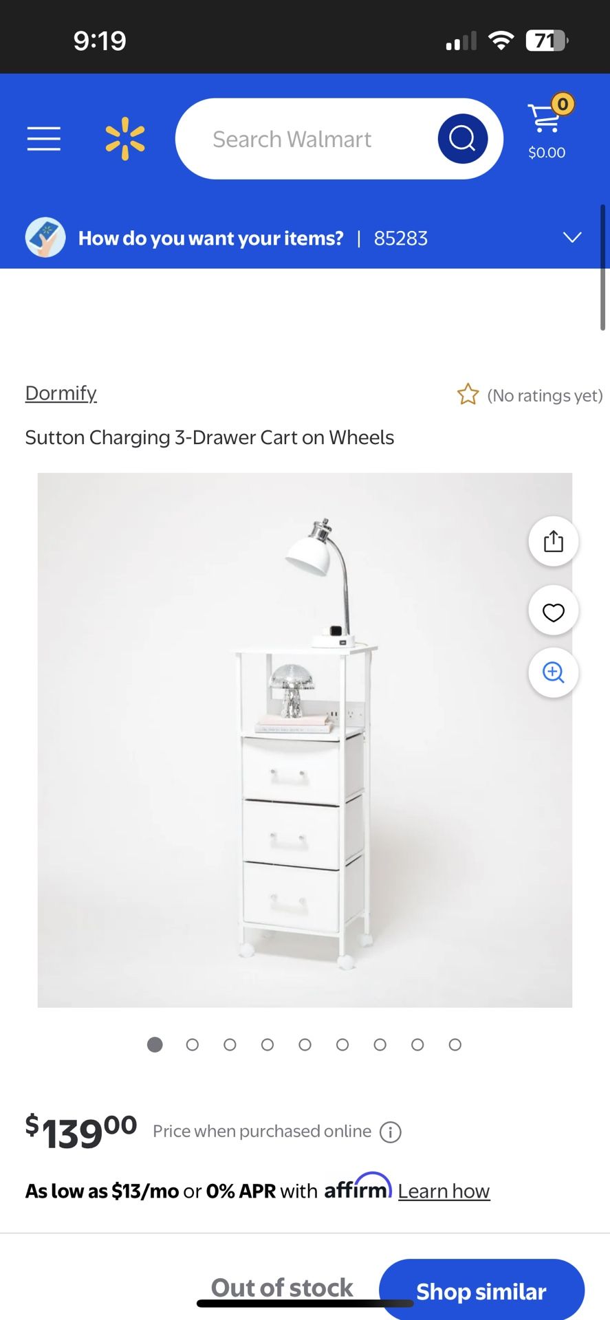 Dormify Sutton Charging 3-Drawer Cart on Wheels