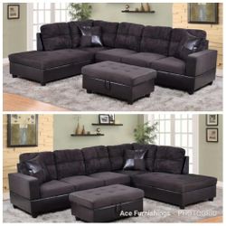 Brand New Espresso Microfiber Sectional With Storage Ottoman & 2 Decorative Pillows