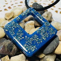Handmade Blue And Gold Resin Pendant With Necklace