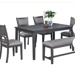 Dining table set with chairs and bench
