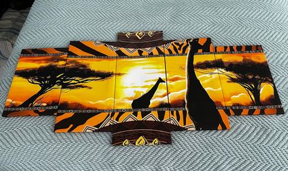 5 Piece Konda African Giraffes Sunset Landscape Canvas Wall Art