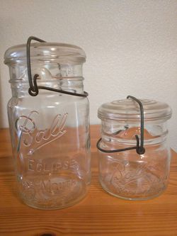 2 Vintage Ball Eclipse wide mouth glass canning jars- 1 quart, 1 pint with wire bail and glass lid.