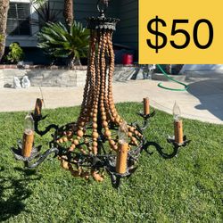 Vintage Boho Wrought Iron & Wood Bead Chandelier β 5-Light (RETAILS $300+, SELLING FOR $50)
