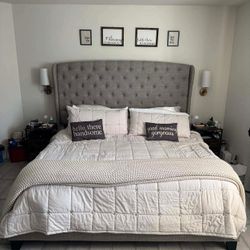 Ashley button tufted upholstered King Bed Frame with Zinus metal box spring and Casper mattress.