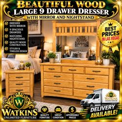 🪵✨ BEAUTIFUL WOOD LARGE 9-DRAWER DRESSER WITH MIRROR & MATCHING NIGHTSTAND! ✨🪵