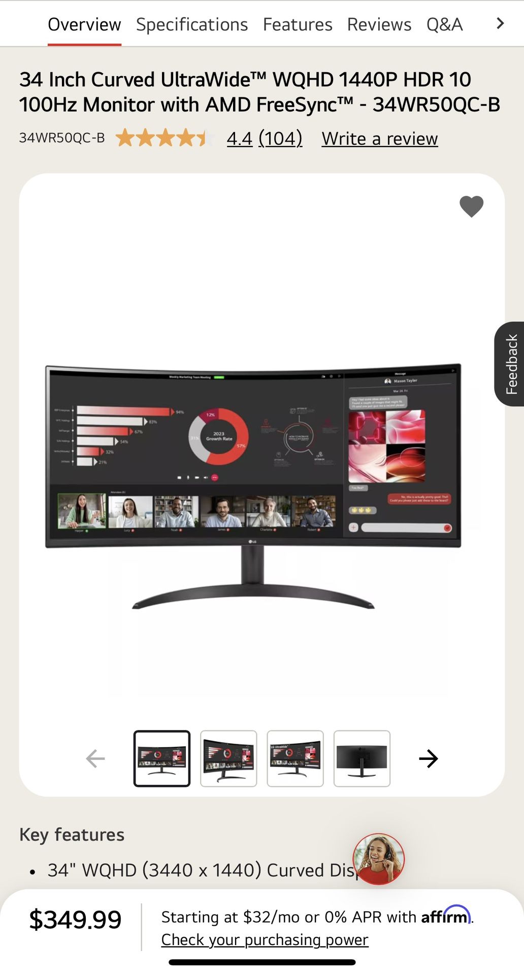34 Inch Curved UltraWide™ WQHD 1440P HDR 10 100Hz Monitor with AMD FreeSync™ - 34WR50QC-B