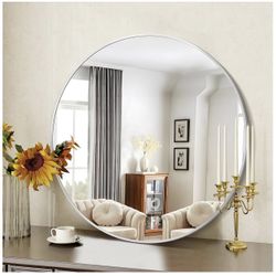 Silver Round Mirror, 39 Inch Wall Mounted Round Mirror, Aluminum Alloy Metal Frame Wall Mirror, Round Bathroom Mirror, Round Mirror for Bathroom, Entr