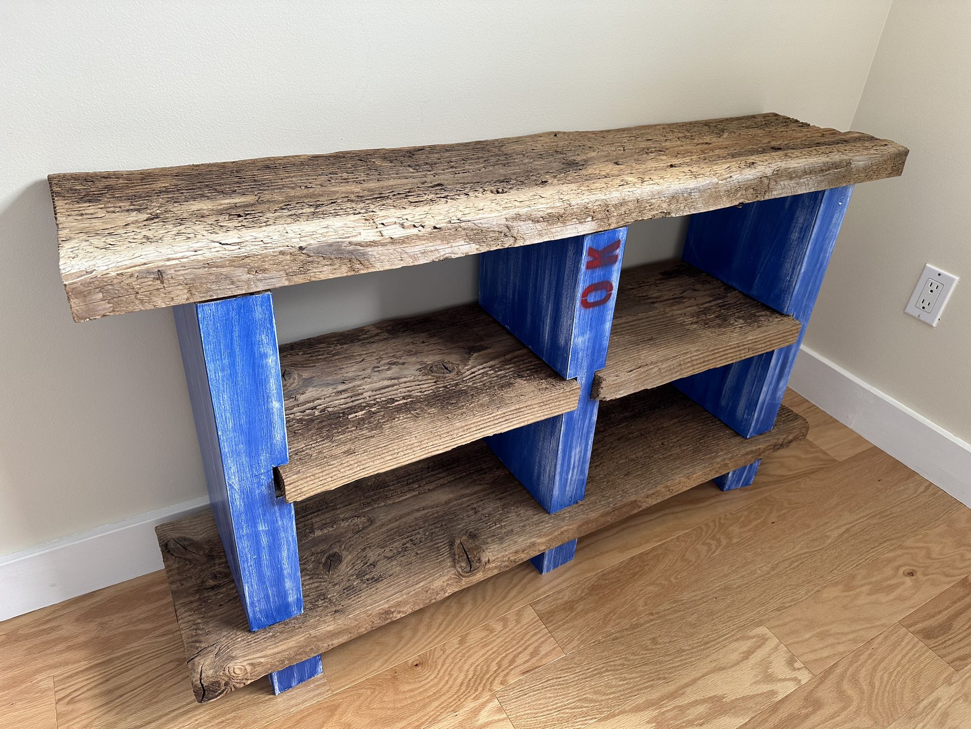 Set of 2 solid redwood artisanal bookshelves with blue sides and matching nightstand 
