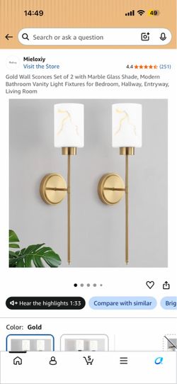 Gold Wall Sconces Set of 2 with Marble Glass Shade