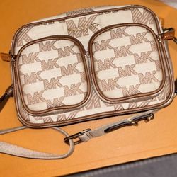 Michael Kors Logo Print Crossbody Bag in Tan and Cream