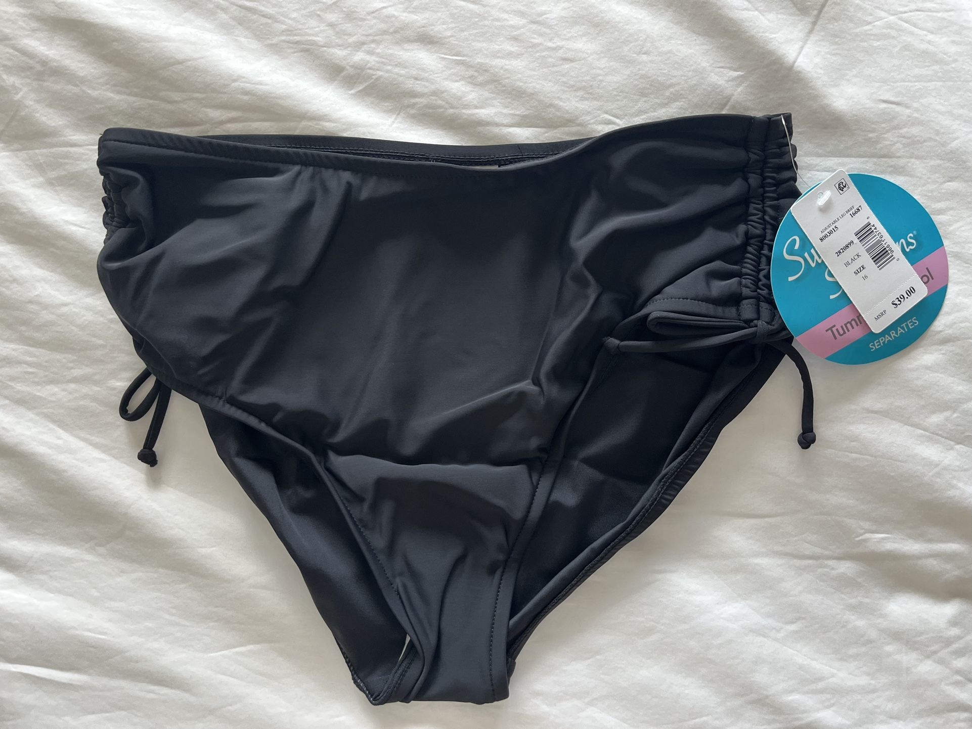 NEW w Tags: Swimsuit Bikini Ruched Side Tie Swim Bottoms Tummy Control - Size 16