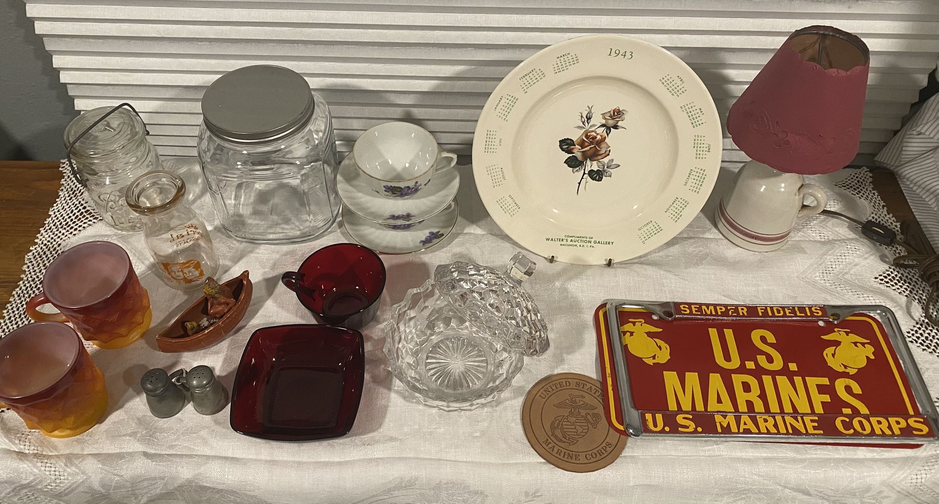 Ball Jar, Fire King, Ruby Red, Japan Tea Cups, Marines