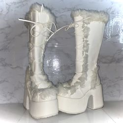 Demonia White Camel-311 Fur Platform Boots