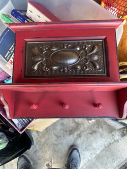 Red Distressed Wood Wall Shelf with Hooks