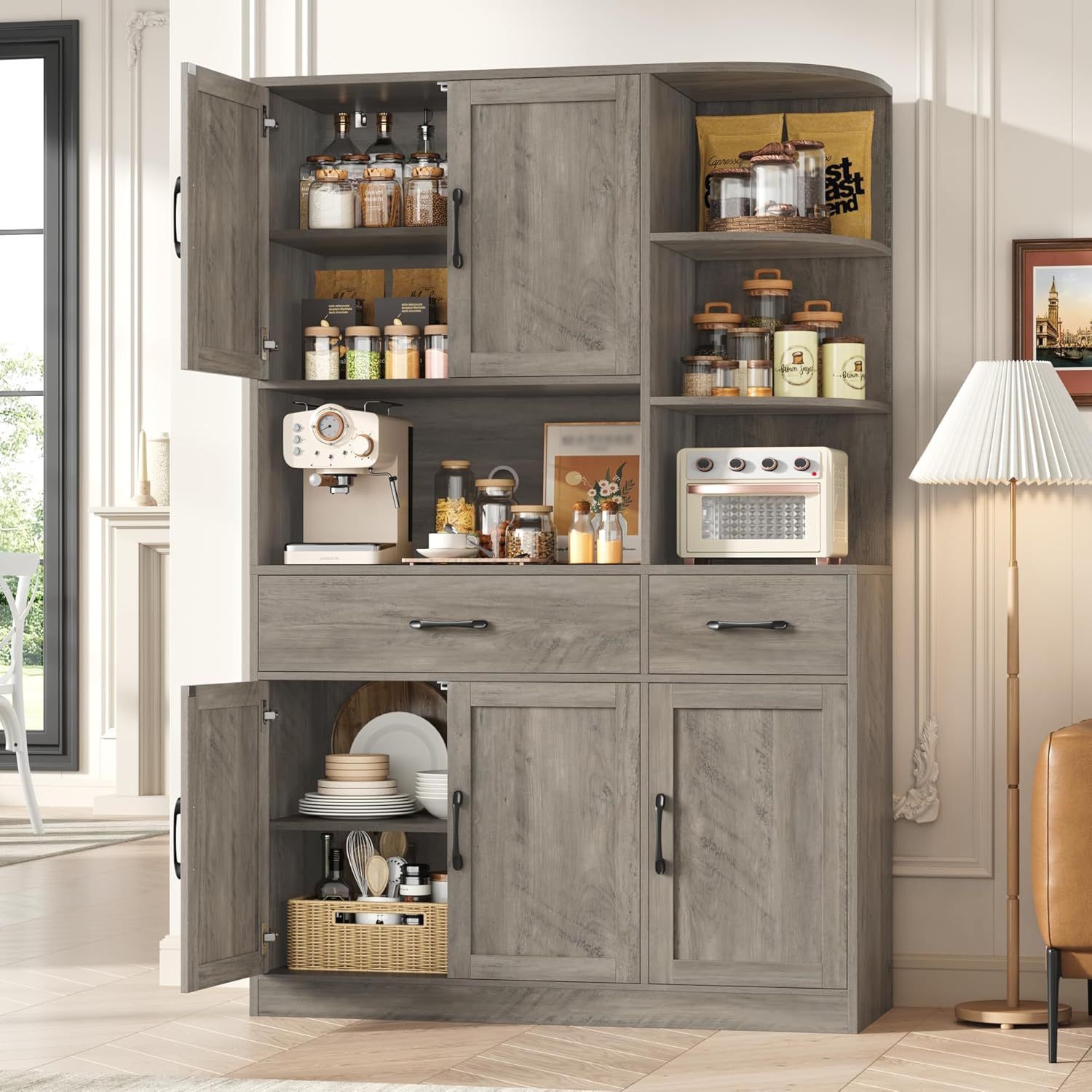 67" Kitchen Pantry Cabinet, Modern Kitchen Hutch with 5 Doors and 2 Drawers, 3-Tier External Shelf, Large Pantry Storage Microwave Cabinet