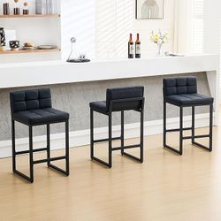Bar Stools Set of 3, Upholstered Faux Leather Counter Height Barstools with Low Back and Thickened Metal Legs, Modern Bar Chairs for Kitchen Island, B