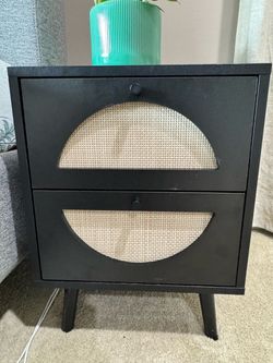 Black Rattan Cane Nightstands Set of 2 — 2 Drawers, Mid-Century Legs — $60 OBO