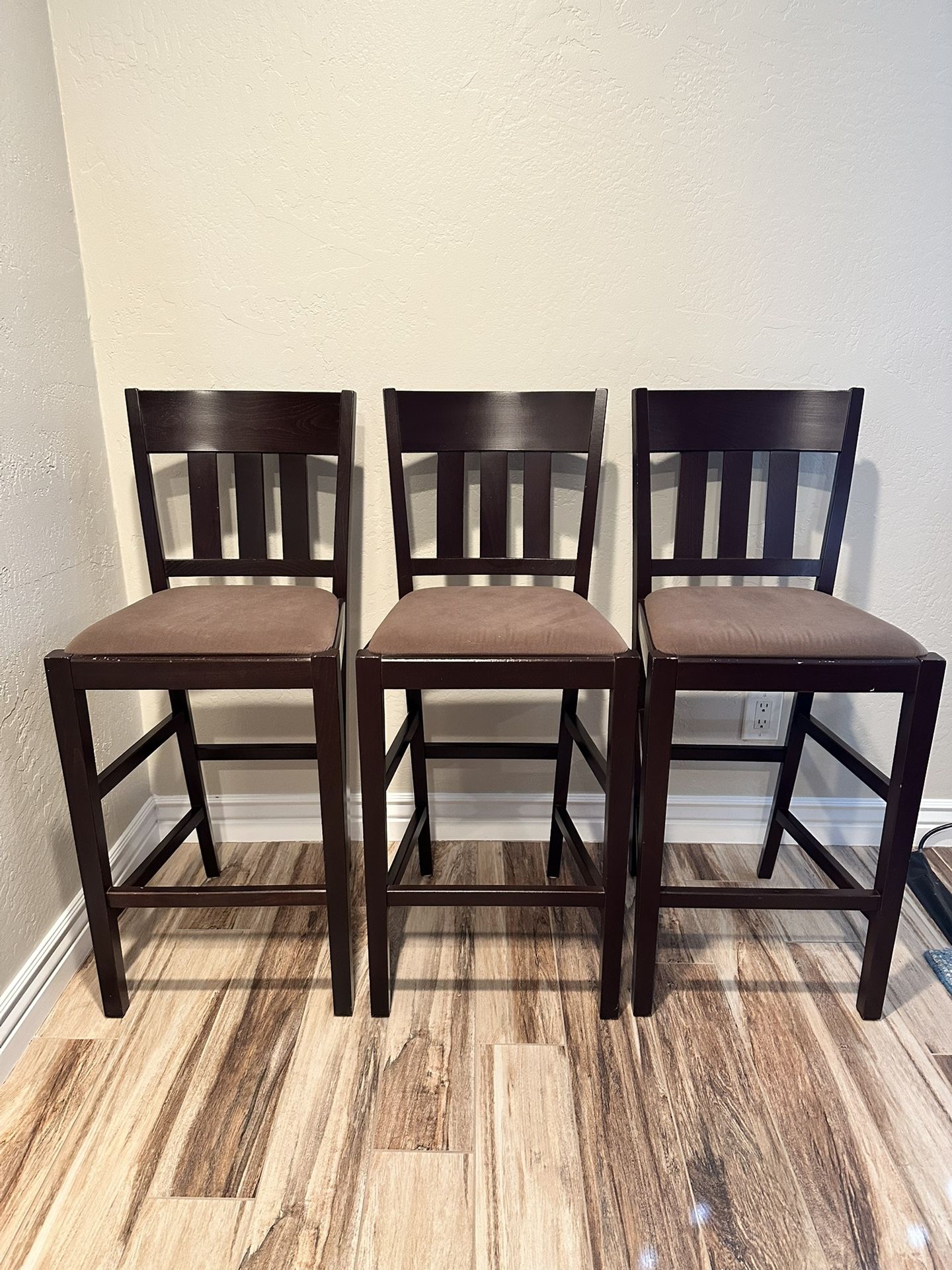 Set of 3 Barstools - Wood With Cushion