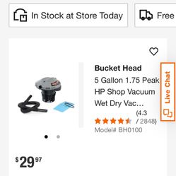 Bucket Head 5 Gallon 1.75 Peak HP Shop Vacuum Wet Dry Vac Powerhead with Filter Bag and Hose (compatible with 5 Gal. Homer Bucket)