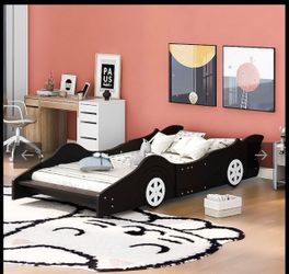 Black Twin  Size Rac Car-Shaped Kids B Platform Bed with Wheels and Shelf
