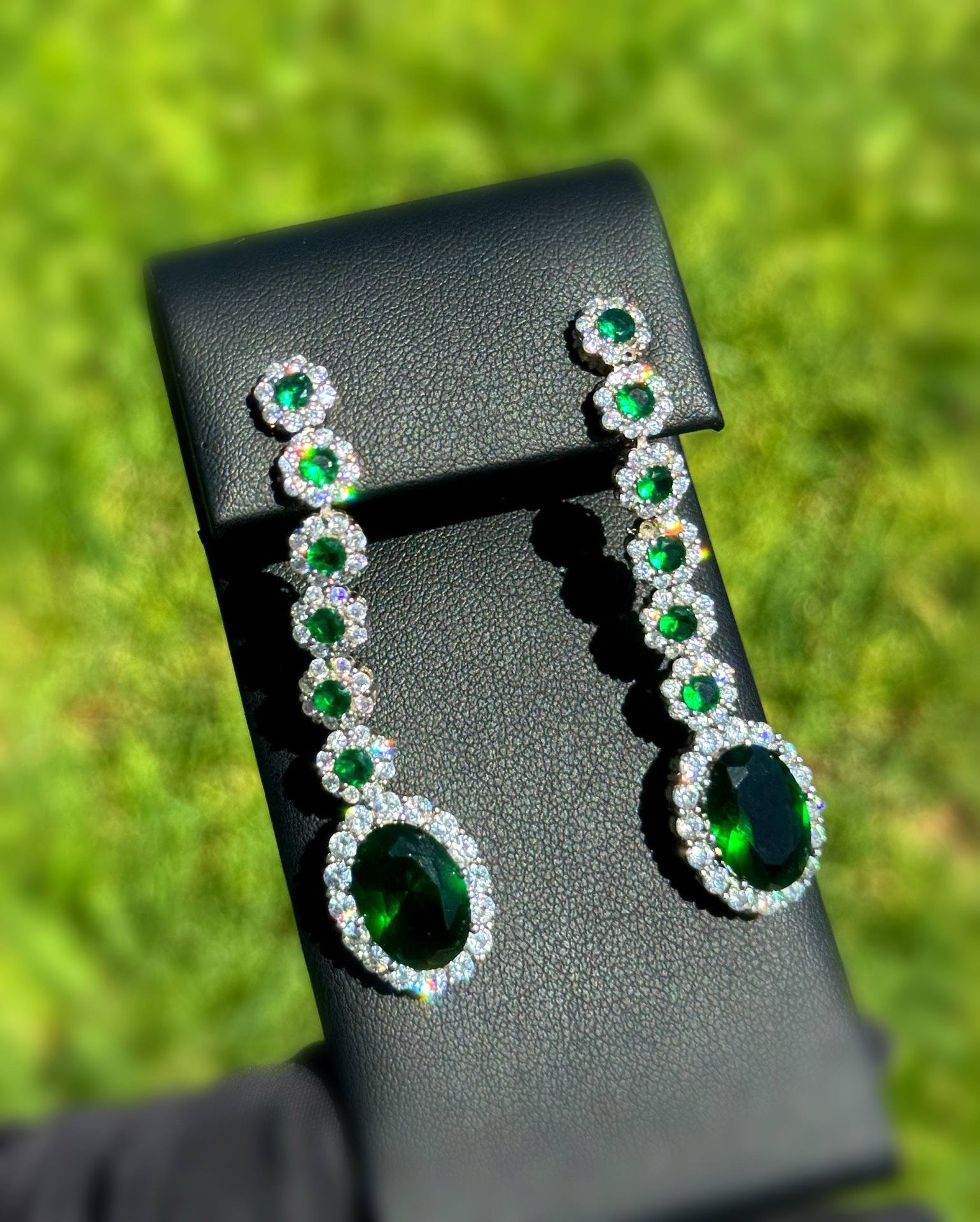 Jewelry 925 sterling silver white CZ  stone emerald oval round shape cut stone 70.00 CTW beautiful drop earrings