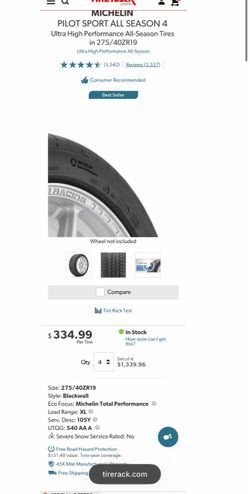 (2) Michelin Pilot Sport All Season 4.  275/40ZR19