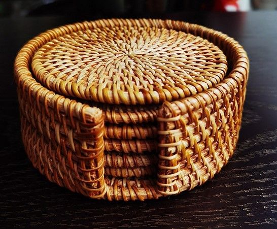 Nature Rattan Coaster Set. 6 Wicker Boho Coasters With Holder