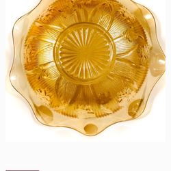 VINTAGE JEANETTE GLASS “ IRIS & HERRINGBONE” LARGE MARIGOLD COLORED SERVING BOWL