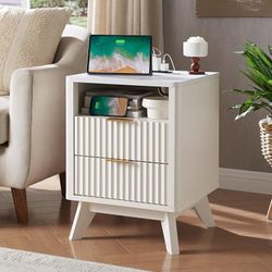 E228 $50  Fluted Nightstand with Charging Station, 18" Modern Side Table with Faux Marble Top, 2 Drawers End Table w/Storage, Bedside Table for Bedroo