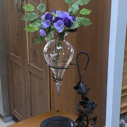 Beautiful Etched Glass Vase In A Wrought Iron Stand
