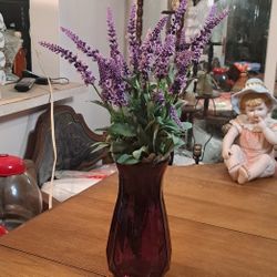 Beautiful Purple Glass Flower Vase With Faux English Lavender, Makes A Great Table Centerpiece 