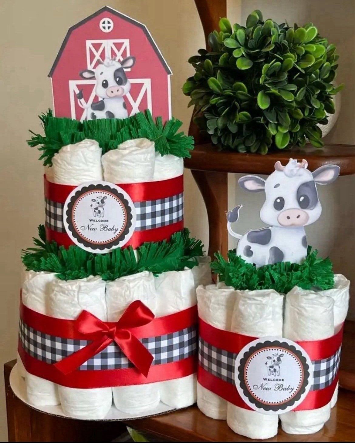2 BLACK RED WHITE farm themed diaper cakes