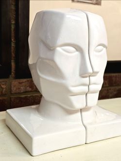 2pc Ceramic White Modern Art Deco Face Statue Bookends
