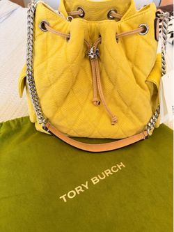 Tory Burch Charlie Quilted Denim drawstring Shoulder Bag in Yellow