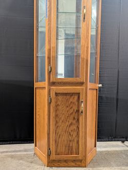Octagonal Oak Wood Display Cabinet with Glass Shelving