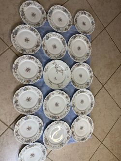 Set of 15 Antique Blue Floral Porcelain Plates, Embossed Scalloped Rim, Dinner and Luncheon