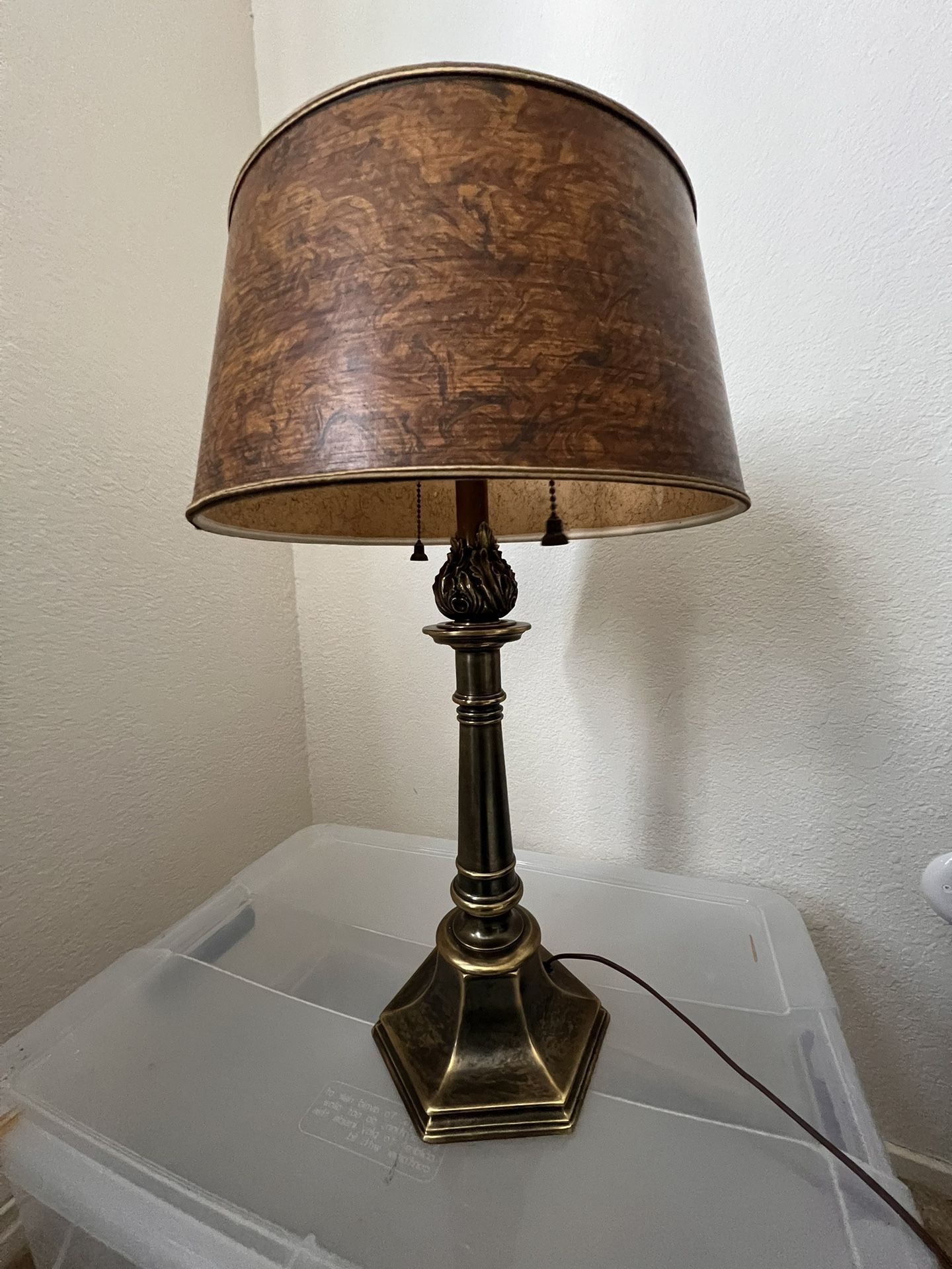 Stiffel brass table lamp flaming torch Double Socket Original Marble Paper Shade