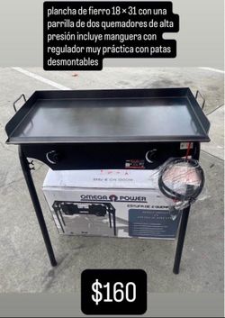 parrilla de dos quemadores con plancha de fierro 18 × 31 incluye manguera con regulador