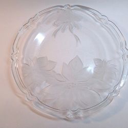 Frosted Glass Poinsettias Pine Bow Ribbon Christmas Holiday Party Platter 13"