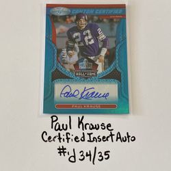 Paul Krause Minnesota Vikings Hall of Fame Safety Certified Short Print Autograph Insert Card. #’d 34/35. 