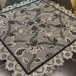 Hand Beaded Tablecloth with Fringe White And Black