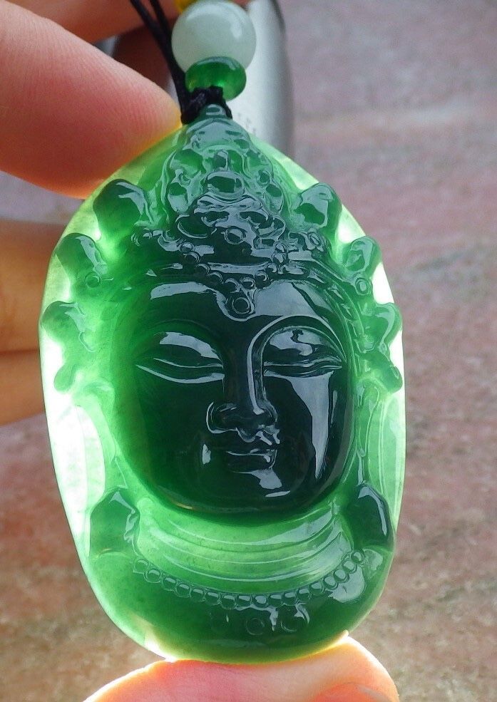 106871 VS Certified Jadeite Jade Black Green Kwan Yin Guanyin Head Woman Buddha