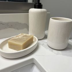 Bathroom Set. Soap Dispenser And Plate And Vase