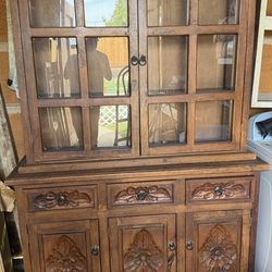 Vintage Hand-Carved Wood Corner Cabinet / Curio Hutch