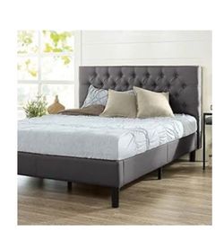 Zinus Brand Gray Upholstered Headboard Queen Platform Bed Frame