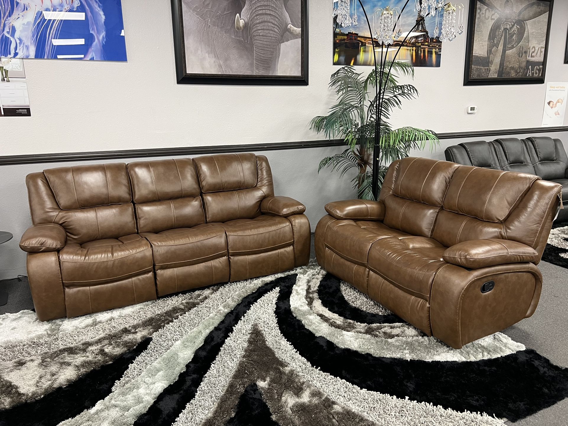 2PC Brown Genuine Leather Sofa & Loveseat