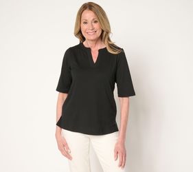 Cuddl Duds Flexwear Split V-Neck Elbow Sleeve Tee Shirt Black, Size Reg Large