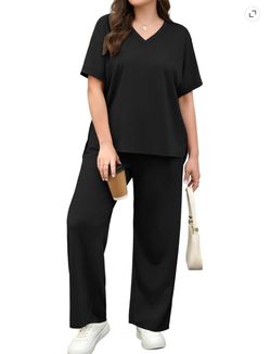 Women’s Black V-Neck Top, Wide Leg Pant Lounge Set - 2XL