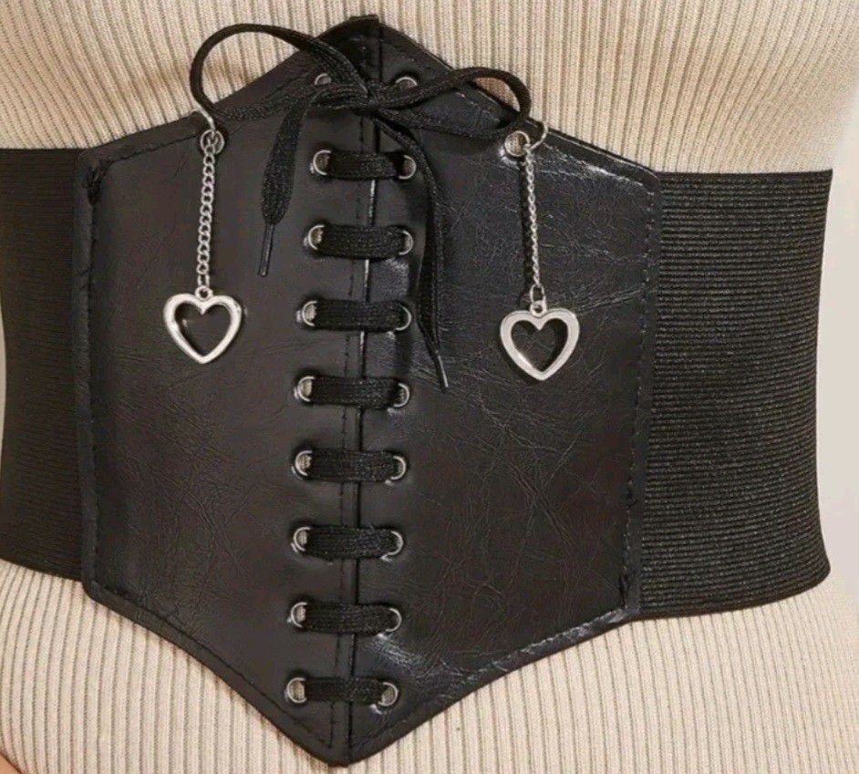 Lace Up Corset Black Elastic Silvery Heart Dangles Size L 32" To 35" Goth Punk