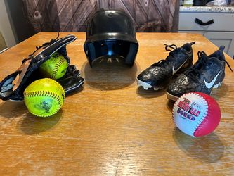 Girls, softball glove, cleats, and helmet